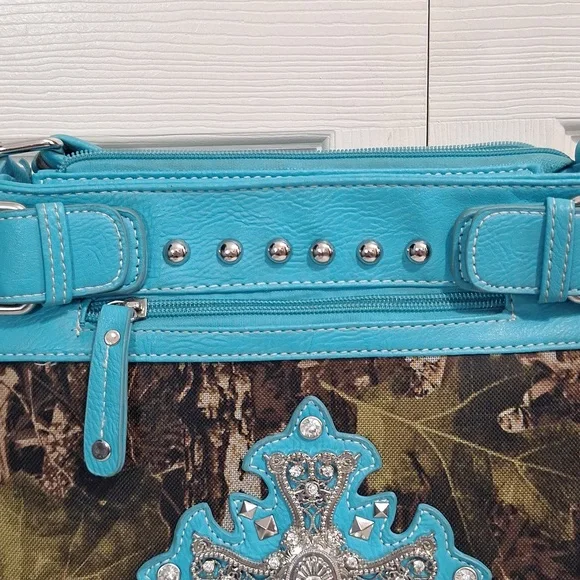 Faux leather and camouflage canvas studded rhinestone crossbody bag - teal/green - Picture 2 of 12